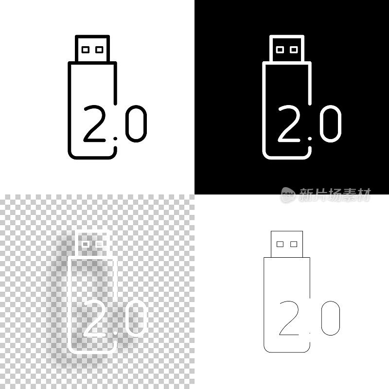 USB 2.0闪存盘。图标设计。空白，白色和黑色背景-线图标